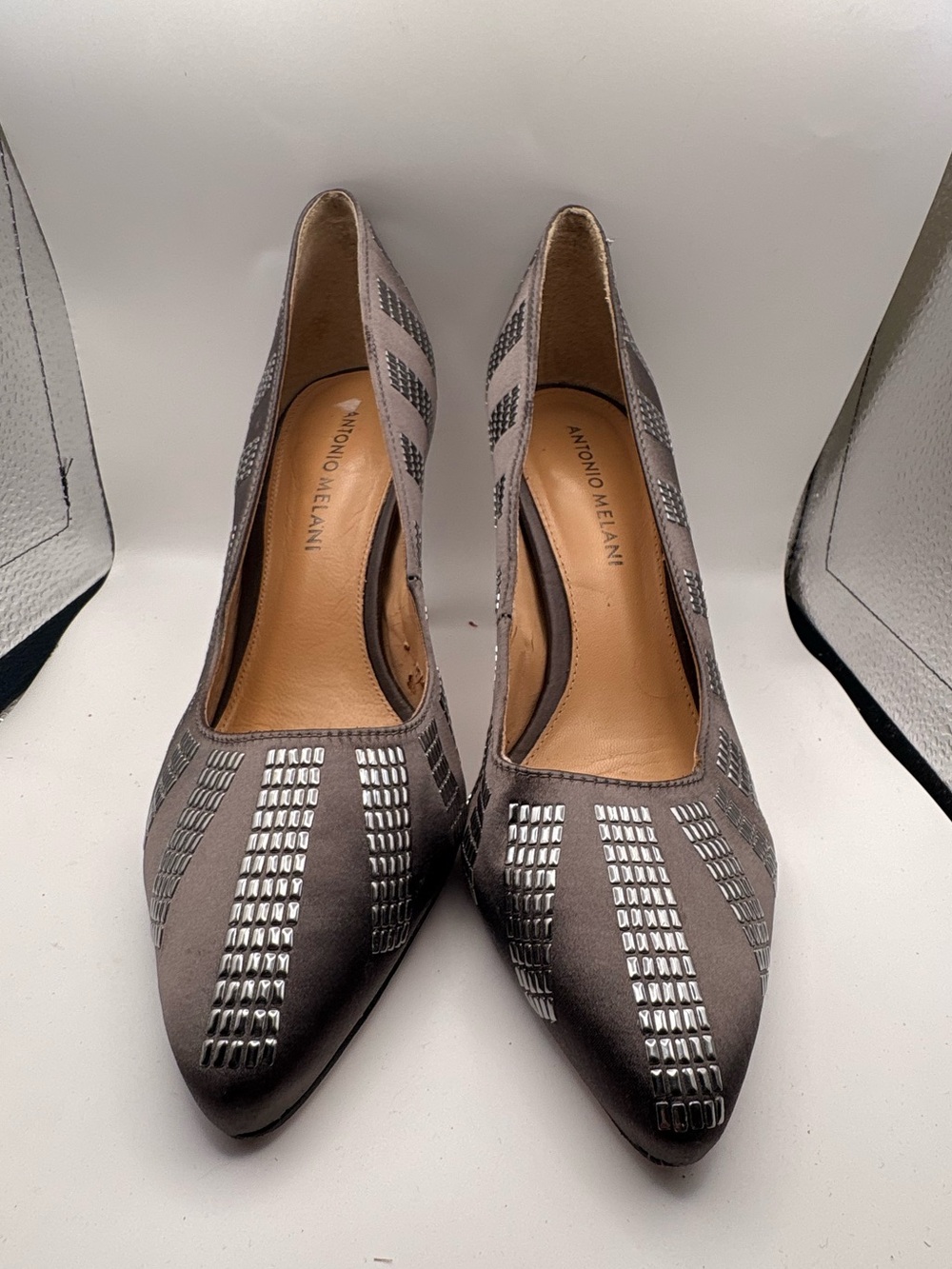 ANTONIO MELANI Gray Satin Pointed-Toe Pumps with Metallic Stud Accents